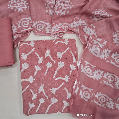 Pastel pink schiffli embroidered batik cotton unstitched salwar material(lining needed)cut work & self embroidery work on front, matching cotton bottom,batik pure mul cotton dupatta. JL260807