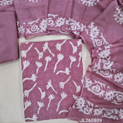 Purple shade schiffli embroidered batik cotton unstitched salwar material(lining needed)cut work & self embroidery work on front, matching cotton bottom,batik pure mul cotton dupatta. JL260809