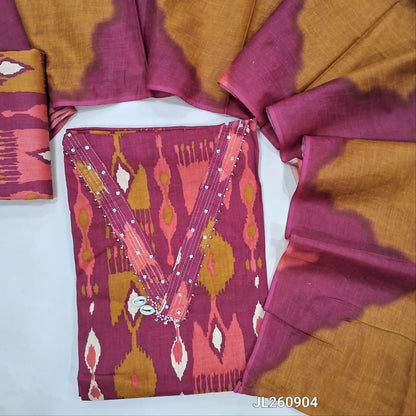 Dark pink pure cotton unstitched salwar material,zari linen & fancy shell buttons work on yoke, abstract printed all over (lining optional) printed cotton bottom, multicolor pure mul cotton dupatta.JL260904