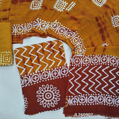 Red & yellow wax batik crepe georgette unstitched salwar material,(lining needed)batik dyed santoon bottom,dual shaded wax batik dyed pure crepe georgette dupatta(TAPPING NEEDED). JL260907