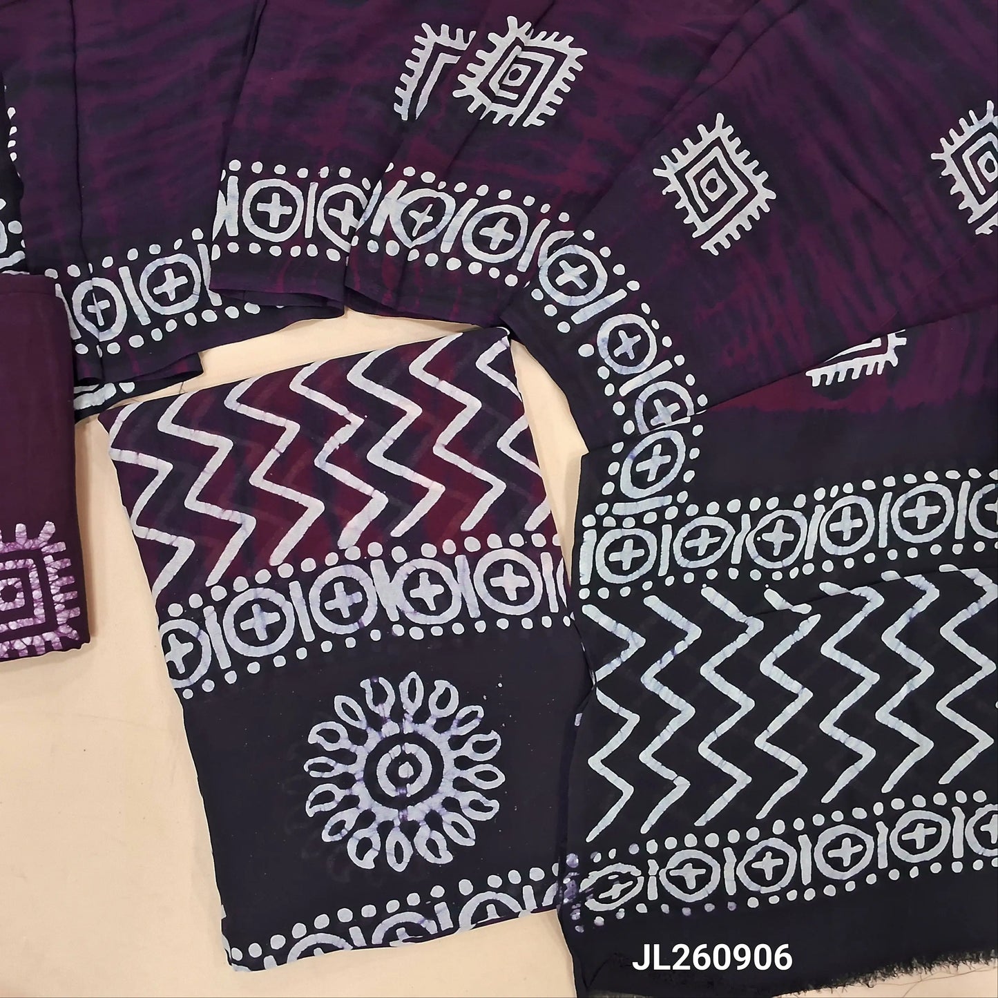 Purple & dark blue wax batik crepe georgette unstitched salwar material,(lining needed)batik dyed santoon bottom,dual shaded wax batik dyed pure crepe georgette dupatta(TAPPING NEEDED). JL260906