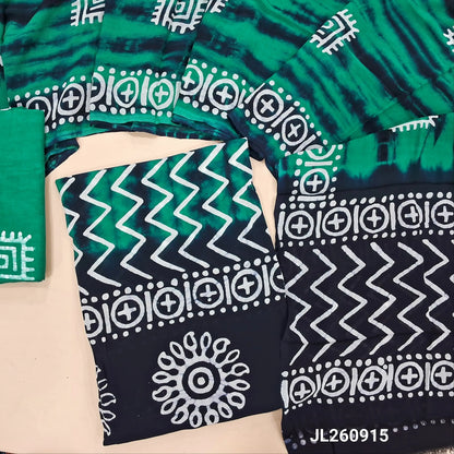 Turquoise green & dark blue wax batik crepe georgette unstitched salwar material,(lining needed)batik dyed santoon bottom,dual shaded wax batik dyed pure crepe georgette dupatta(TAPPING NEEDED). JL260915