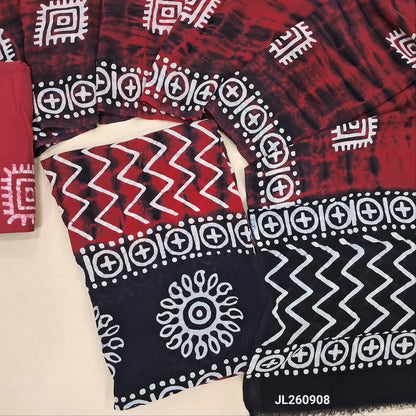 Red & black wax batik crepe georgette unstitched salwar material,(lining needed)batik dyed santoon bottom,dual shaded wax batik dyed pure crepe georgette dupatta(TAPPING NEEDED). JL260908