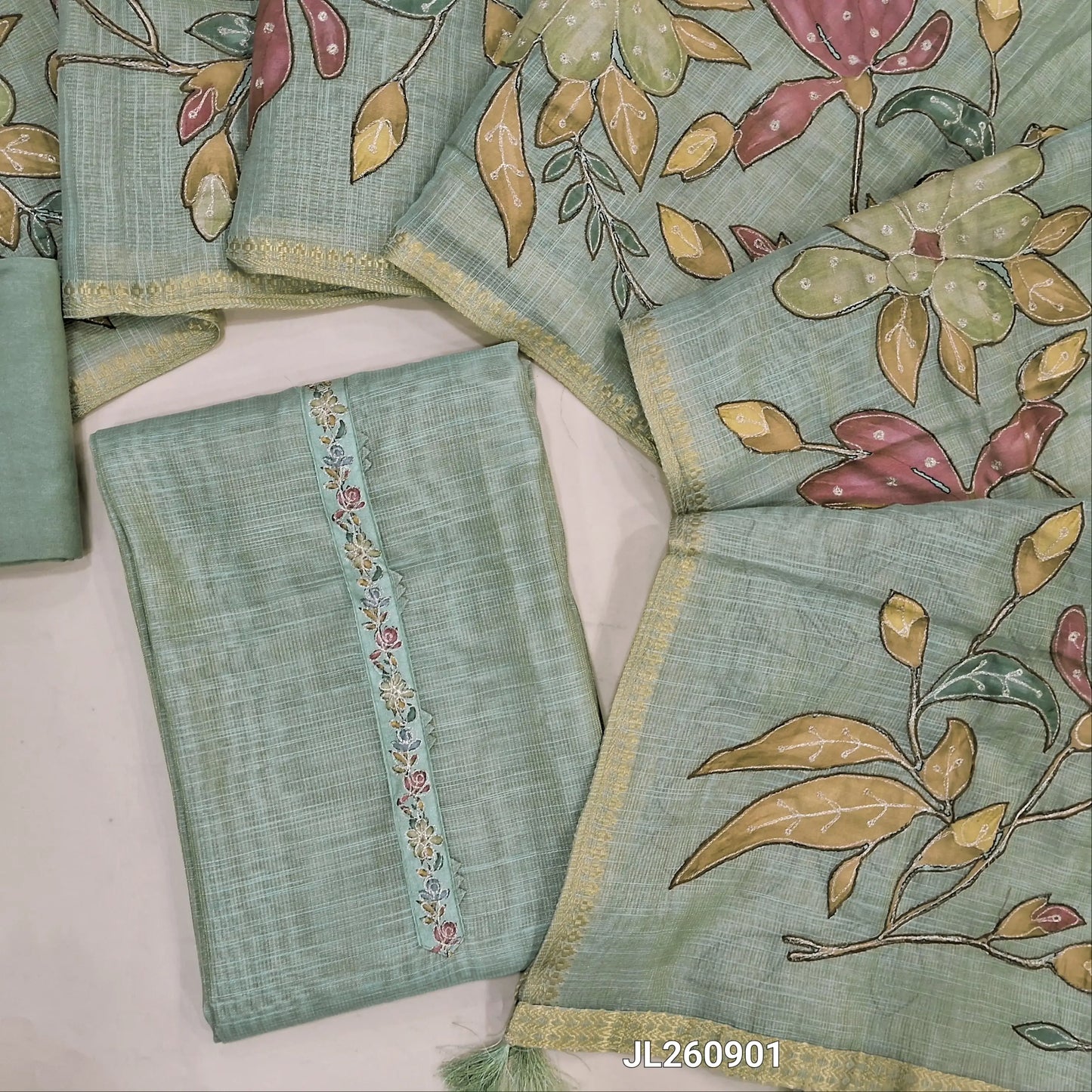 Designer pastel green pure tissue linen unstitched salwar material,floral design & zari work on yoke ( light weight,lining needed)santoon bottom,pure tissue linen applique work on dupatta with zari woven borders. JL260901
