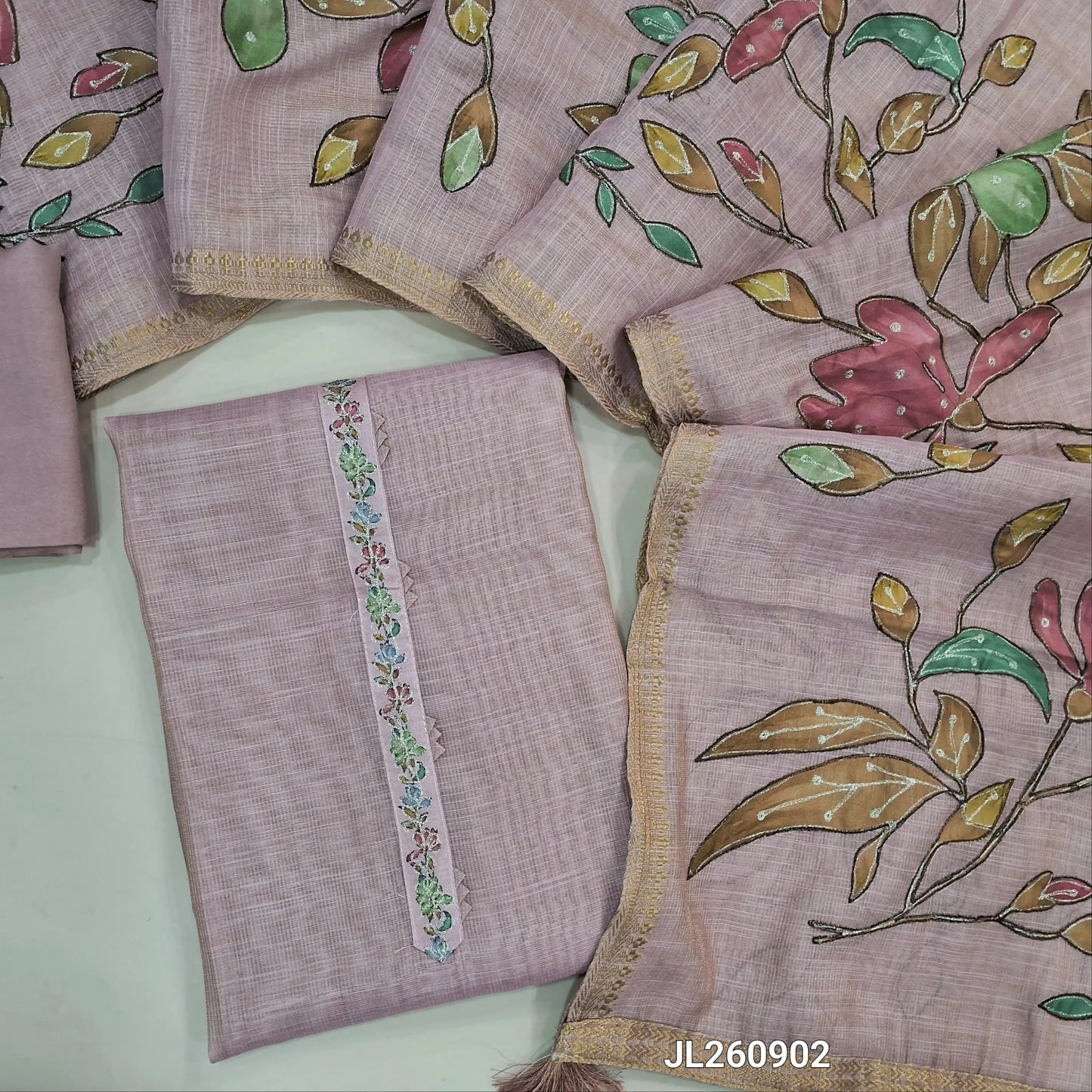 Designer pastel pink pure tissue linen unstitched salwar material,floral design & zari work on yoke ( light weight,lining needed)santoon bottom,pure tissue linen applique work on dupatta with zari woven borders. JL260902