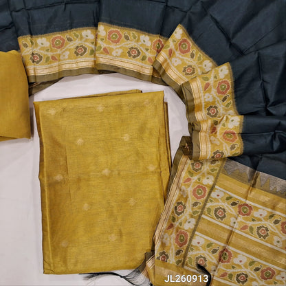 Mehandhi yellow premium silk unstitched salwar material (light weight,lining needed)zari buttas front,gold tissue border on daman,matching santoon bottom,dual shade thread weaving on silk dupatta with rich pallu & tassles.JL260913