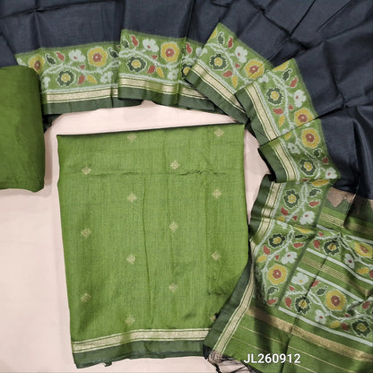Leafy green premium silk unstitched salwar material (light weight,lining needed)zari buttas front,gold tissue border on daman,matching santoon bottom,dual shade thread weaving on silk dupatta with rich pallu & tassles.JL260912