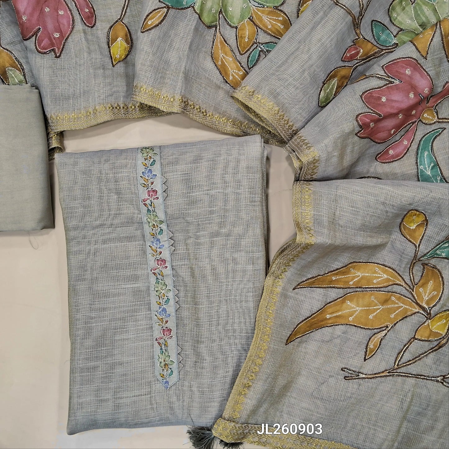 Designer beige pure tissue linen unstitched salwar material,floral design & zari work on yoke ( light weight,lining needed)santoon bottom,pure tissue linen applique work on dupatta with zari woven borders. JL260903