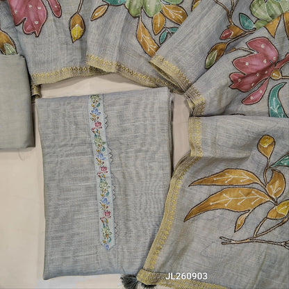 Designer beige pure tissue linen unstitched salwar material,floral design & zari work on yoke ( light weight,lining needed)santoon bottom,pure tissue linen applique work on dupatta with zari woven borders. JL260903