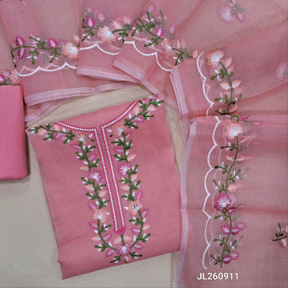 Pastel pink kota unstitched salwar material,thread embroidery work on yoke (Lining Needed) matching cotton bottom, thread embroidery work on kota dupatta.(TAPPING NEEDED) JL260911