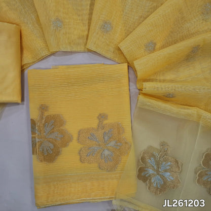 Designer pastel yellow jamdani woven premium tussar unstitched salwar material,(textured,lining needed)jamdani weaving on organza daman, silk cotton bottom, jamdani woven on tussar dupatta with organza pallu and tassels. JL261203