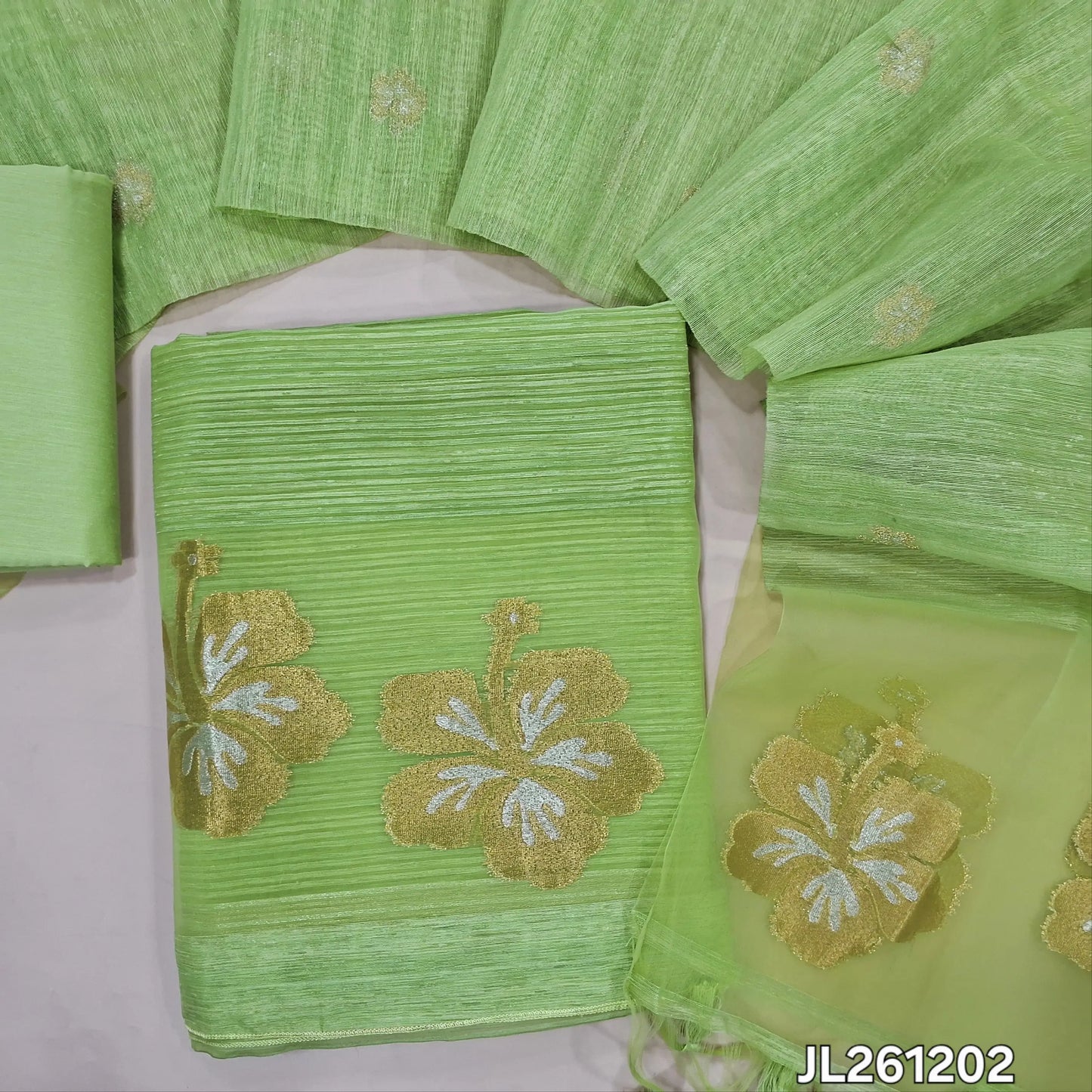 Designer pastel green jamdani woven premium tussar unstitched salwar material,(textured,lining needed)jamdani weaving on organza daman, silk cotton bottom, jamdani woven on tussar dupatta with organza pallu and tassels. JL261202