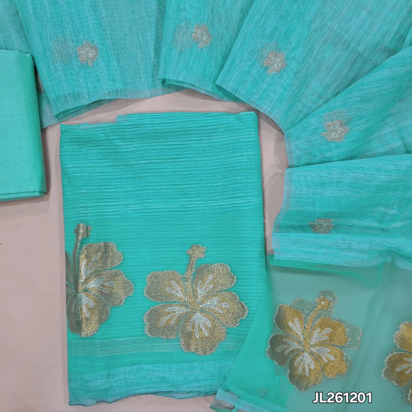 Designer pastel blue jamdani woven premium tussar unstitched salwar material,(textured,lining needed)jamdani weaving on organza daman, silk cotton bottom, jamdani woven on tussar dupatta with organza pallu and tassels. JL261201