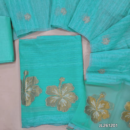 Designer pastel blue jamdani woven premium tussar unstitched salwar material,(textured,lining needed)jamdani weaving on organza daman, silk cotton bottom, jamdani woven on tussar dupatta with organza pallu and tassels. JL261201