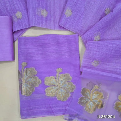 Designer purple  jamdani woven premium tussar unstitched salwar material,(textured,lining needed)jamdani weaving on organza daman, silk cotton bottom, jamdani woven on tussar dupatta with organza pallu and tassels. JL261204