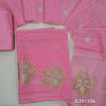 Designer pink jamdani woven premium tussar unstitched salwar material,(textured,lining needed)jamdani weaving on organza daman, silk cotton bottom, jamdani woven on tussar dupatta with organza pallu and tassels. JL261206