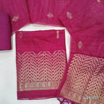 PRE ORDER TO SHIP 15 DAYS Bright pink jamdani woven premium tussar unstitched salwar material,buttas on front, gold zari weaving daman, (Thin, textured, lining needed)silk cotton bottom, buttas on full length tussar dupatta with rich pallu. JL261711