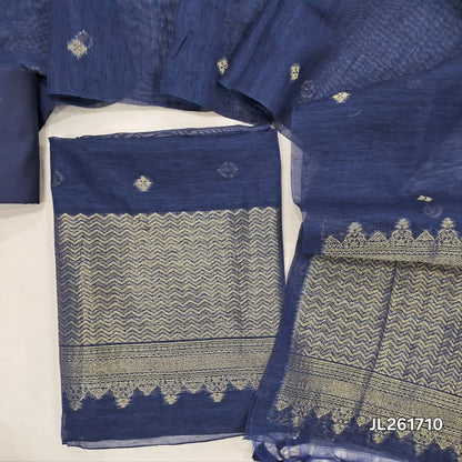 Dark blue jamdani woven premium tussar unstitched salwar material,buttas on front,antic gold zari weaving daman, (Thin, textured, lining needed)silk cotton bottom, buttas on full length tussar dupatta with rich pallu and tassles. JL261710