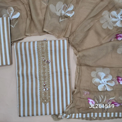 Off white base mul cotton unstitched salwar material, lace work and fancy buttons on yoke,striped all over(lining optional)striped cotton bottom,brush paint on chiffon dupatta. JL261519