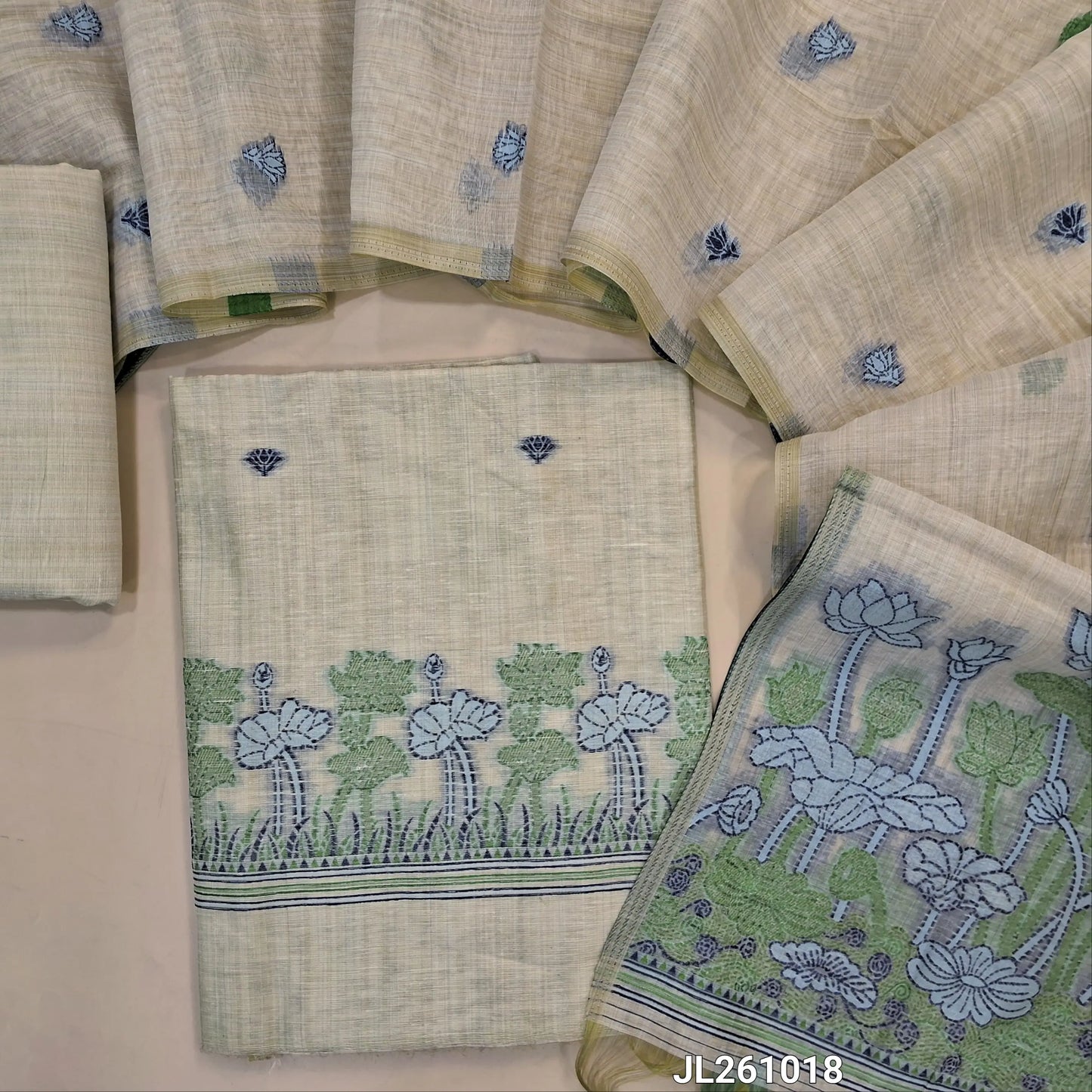 PREORDER SHIPPING AFTER 4 DAYS Rich beige jamdani woven soft silk cotton unstitched salwar material (BLUE)(lining needed) thread weaving on daman,buttas on front, silk cotton bottom, thread buttas,jamdani woven silk cotton dupatta with tassels. JL261018