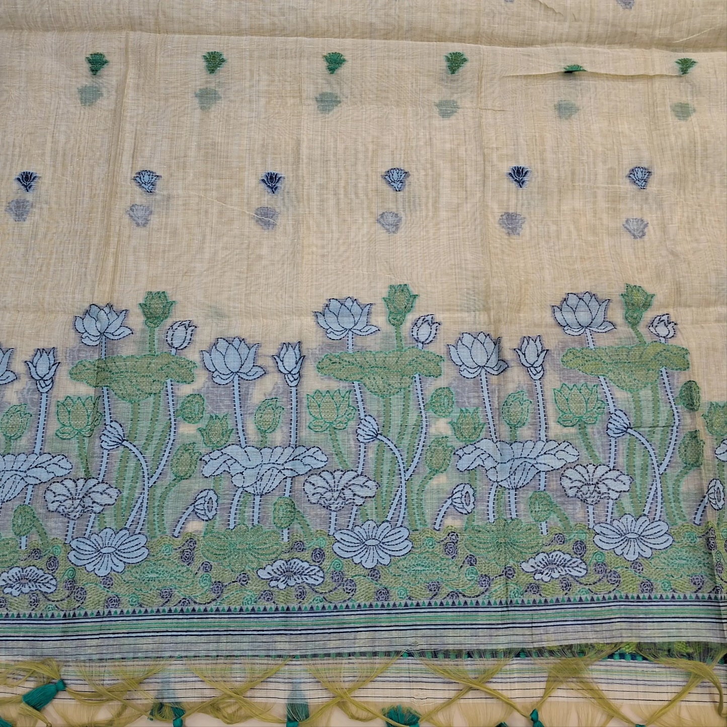 PREORDER SHIPPING AFTER 4 DAYS Rich beige jamdani woven soft silk cotton unstitched salwar material (BLUE)(lining needed) thread weaving on daman,buttas on front, silk cotton bottom, thread buttas,jamdani woven silk cotton dupatta with tassels. JL261018
