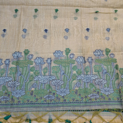 PREORDER SHIPPING AFTER 4 DAYS Rich beige jamdani woven soft silk cotton unstitched salwar material (BLUE)(lining needed) thread weaving on daman,buttas on front, silk cotton bottom, thread buttas,jamdani woven silk cotton dupatta with tassels. JL261018