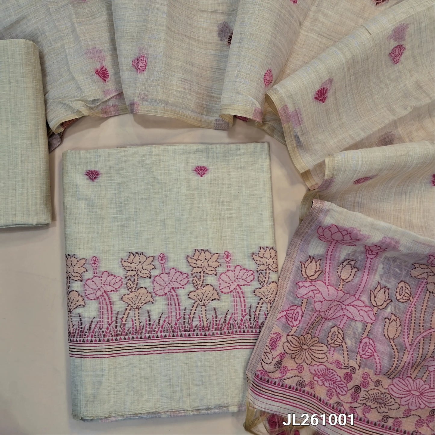 PREORDER SHIPPING AFTER 4 DAYS Rich beige jamdani woven soft silk cotton unstitched salwar material (PINK)(lining needed) thread weaving on daman,buttas on front, silk cotton bottom, thread buttas,jamdani woven silk cotton dupatta with tassels. JL261001