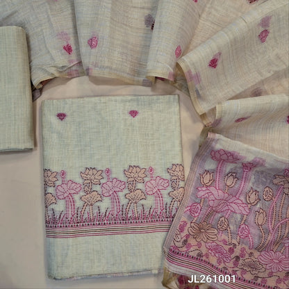 PREORDER SHIPPING AFTER 4 DAYS Rich beige jamdani woven soft silk cotton unstitched salwar material (PINK)(lining needed) thread weaving on daman,buttas on front, silk cotton bottom, thread buttas,jamdani woven silk cotton dupatta with tassels. JL261001