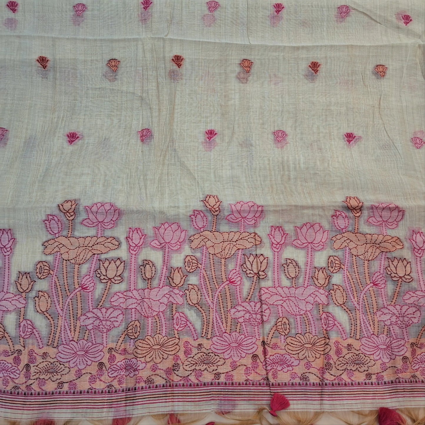 PREORDER SHIPPING AFTER 4 DAYS Rich beige jamdani woven soft silk cotton unstitched salwar material (PINK)(lining needed) thread weaving on daman,buttas on front, silk cotton bottom, thread buttas,jamdani woven silk cotton dupatta with tassels. JL261001
