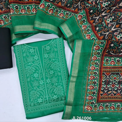 Teal green satin cotton unstitched salwar material(lining needed) embroidery work on yoke, black cotton bottom,digital printed silk cotton dupatta. JL261006