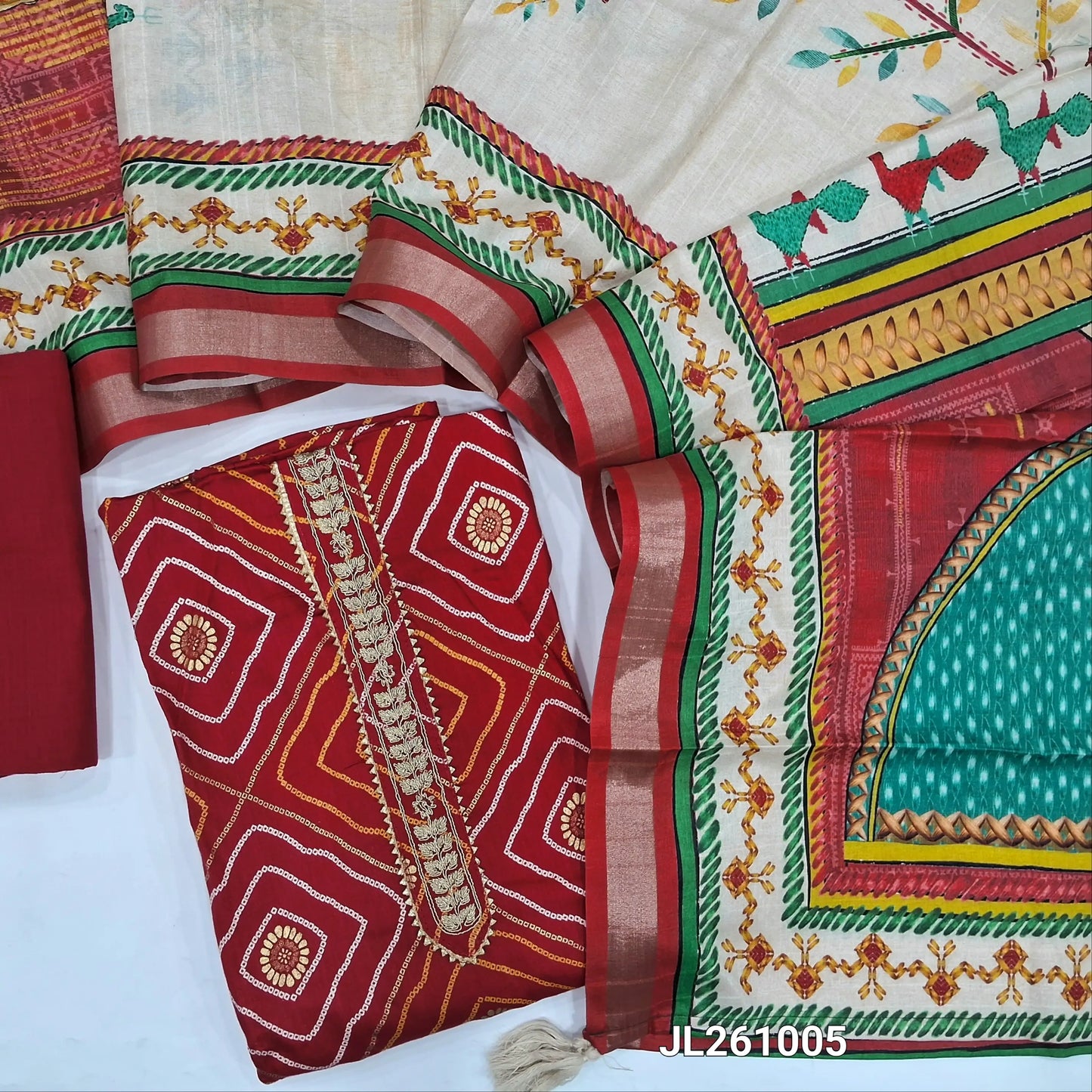 Red bandhini printed pure cotton unstitched salwar material (lining needed)printed cotton bottom,digital printed silk cotton dupatta.