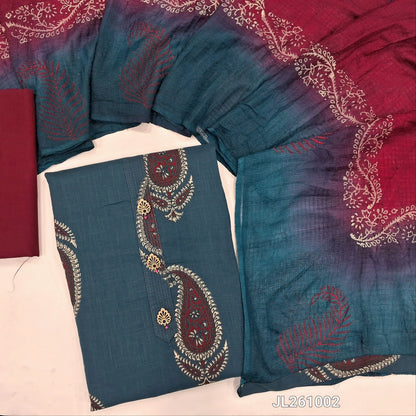 Dark blue printed pure cotton unstitched salwar material,fancy buttons work on yoke,printed all over (lining optional) maroon cotton bottom,dual shade block printed fancy kota silk cotton dupatta.JL261002