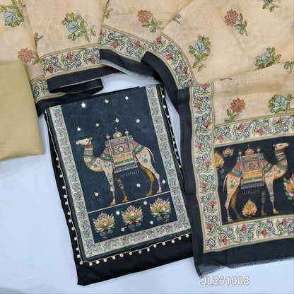 Black satin cotton unstitched salwar material(lining needed) digital print, faux mirror work on yoke, beige silk bottom, digital printed fancy silk cotton dupatta. JL261008