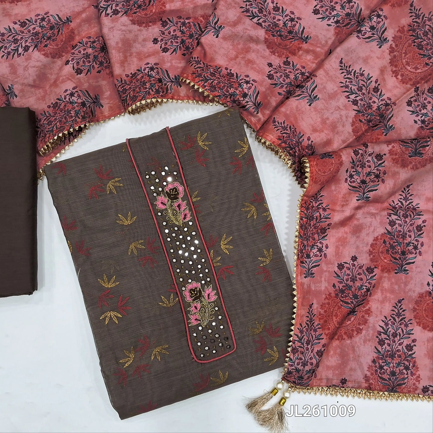 Dark mauve shade soft silk cotton unstitched salwar material,zardozi & faux mirror work on yoke,(lining needed)matching silk cotton bottom,floral printed soft silk cotton dupatta. JL261009