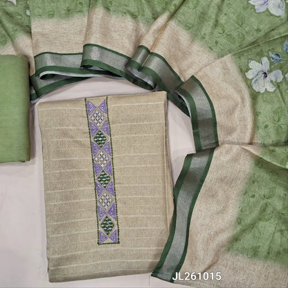 Rich beige sobar printed semi gicha unstitched salwar material, embroidered& real mirror work on yoke(lining needed)spun cotton bottom, digital printed silk cotton dupatta with gold tissue borders. JL261015