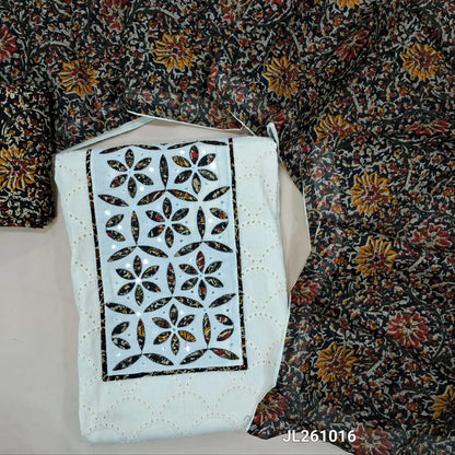 Off white base schiffli embroidered pure cotton unstitched salwar material(lining needed) applique & faux mirror work on yoke, kalamkari printed cotton bottom, kalamkari printed full length mul cotton dupatta. JL261016