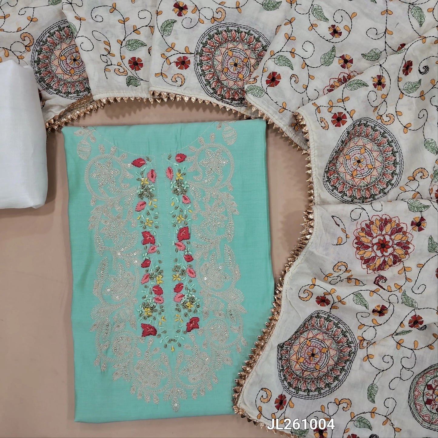 Pastel blue soft silk cotton unstitched salwar material,zari & thread embroidery work on yoke(lining needed)santoon bottom,rich embroidery work on mul cotton dupatta. JL261004