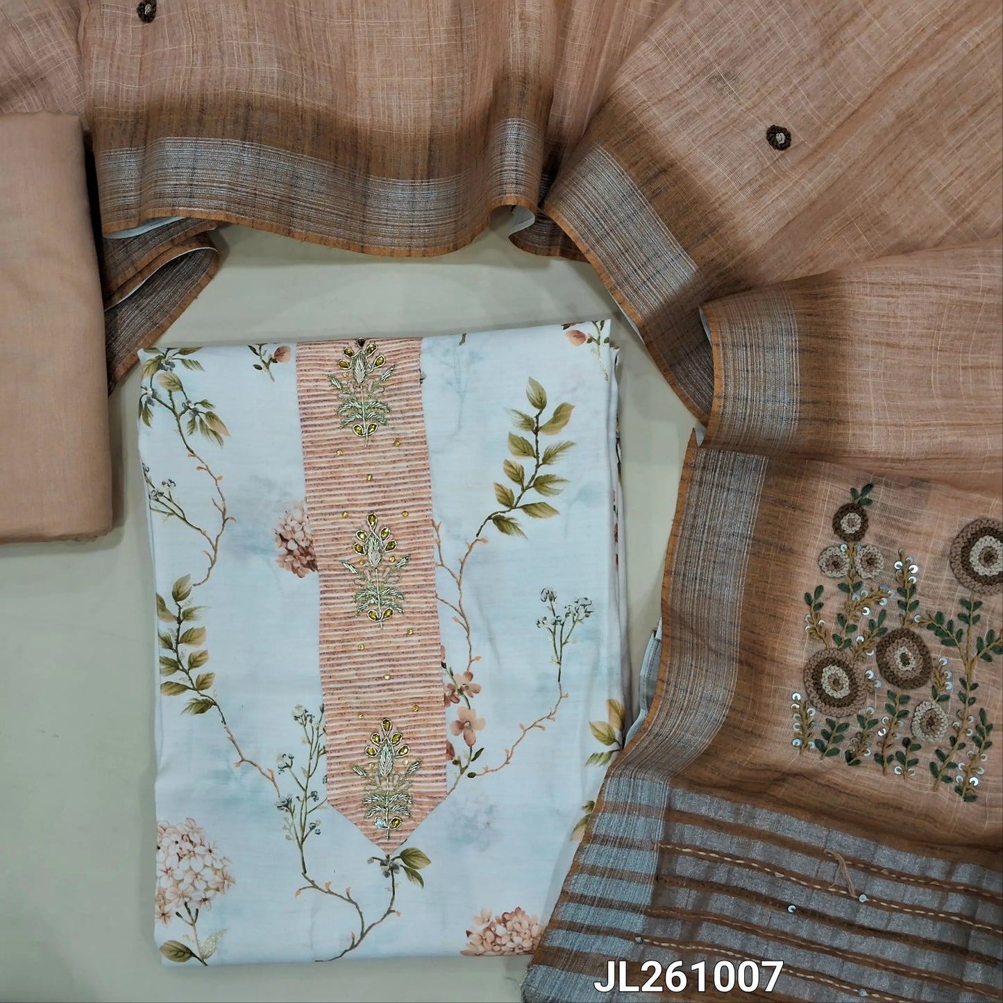 Pastel pink digital printed soft silk cotton unstitched salwar material,(lining needed)matching cotton bottom,hand embroidery, kantha stitch on linen dupatta . JL261007