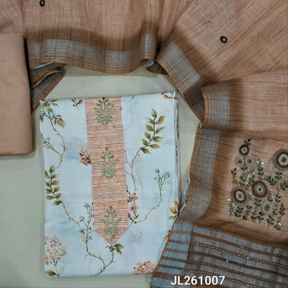 Pastel pink digital printed soft silk cotton unstitched salwar material,(lining needed)matching cotton bottom,hand embroidery, kantha stitch on linen dupatta . JL261007