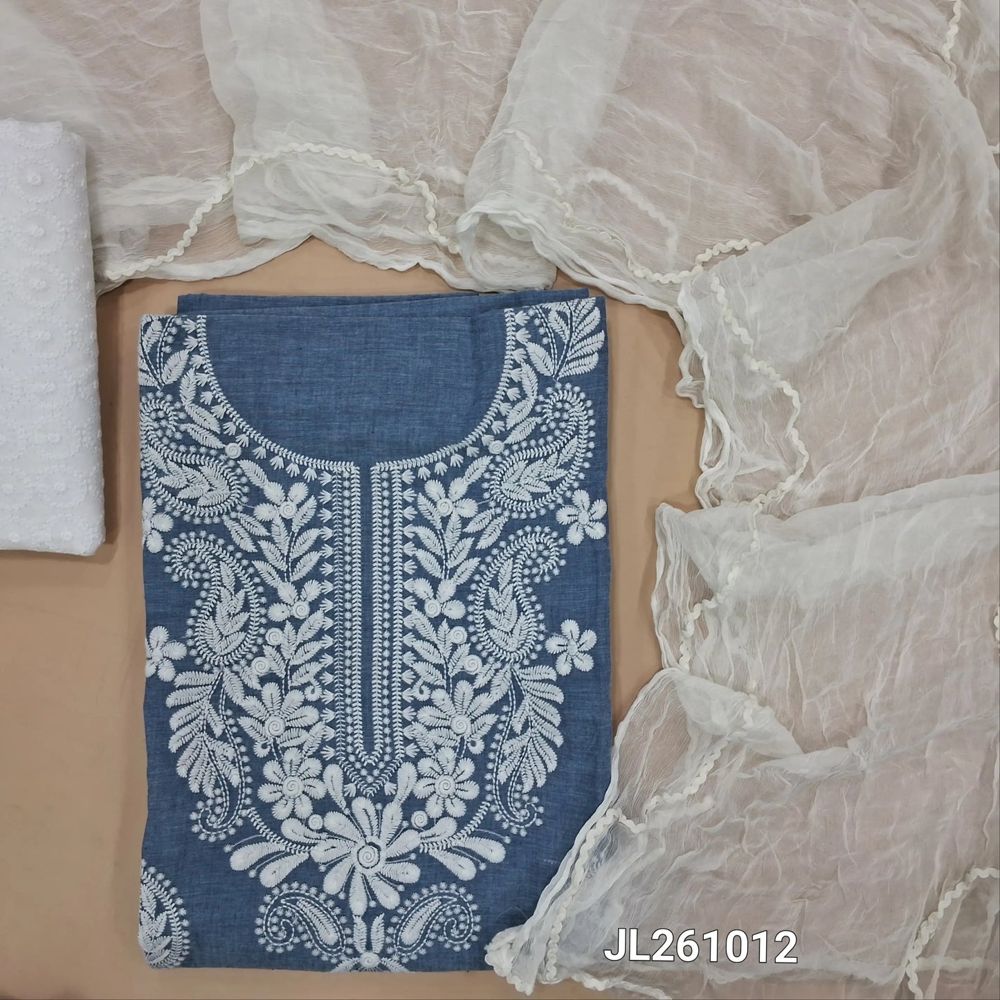 Denim blue soft cotton unstitched salwar material (lining optional) embroidery work on yoke, chikenkari embroidered cotton bottom,crinkled pure chiffon dupatta. JL261012