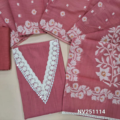 Pink fancy silk cotton unstitched salwar material (silky, lining needed) real mirror, lace work on v neck line,  matching silky bottom,  jamdani woven short width fancy silk cotton dupatta with lace tapings. NV251114