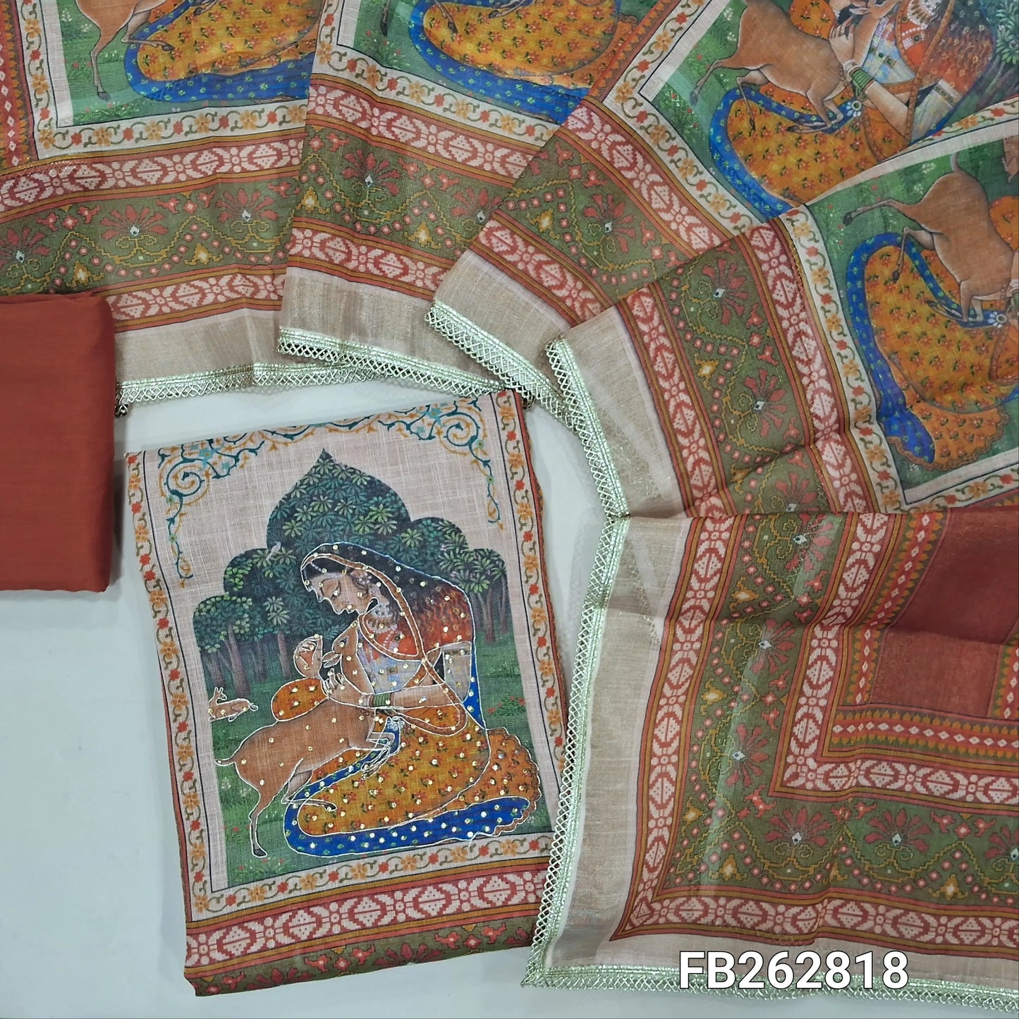 Brick red with golden tint tissue linen unstitched salwar material, sequins work on yoke,digital printed daman,panel design,(thin, lining needed) matching cotton bottom, digital printed tissue linen dupatta with lace tapping. FB262818