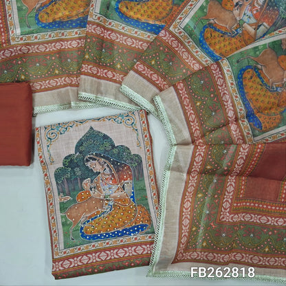 Brick red with golden tint tissue linen unstitched salwar material, sequins work on yoke,digital printed daman,panel design,(thin, lining needed) matching cotton bottom, digital printed tissue linen dupatta with lace tapping. FB262818