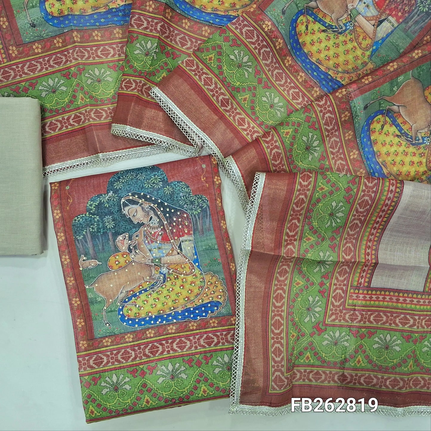 Rich beige with golden tint tissue linen unstitched salwar material, sequins work on yoke,digital printed daman,panel design,(thin, lining needed) matching cotton bottom, digital printed tissue linen dupatta with lace tapping. FB262819