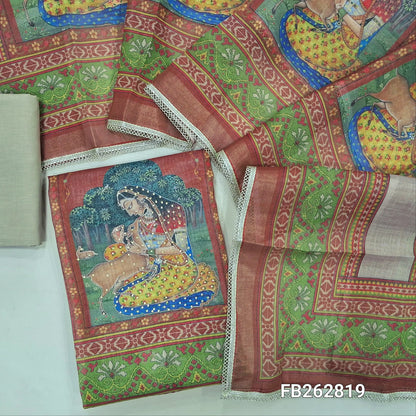 Rich beige with golden tint tissue linen unstitched salwar material, sequins work on yoke,digital printed daman,panel design,(thin, lining needed) matching cotton bottom, digital printed tissue linen dupatta with lace tapping. FB262819