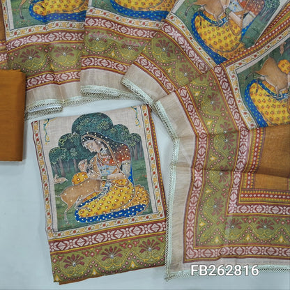 Rust orange with golden tint tissue linen unstitched salwar material, sequins work on yoke,digital printed daman,panel design,(thin, lining needed) matching cotton bottom, digital printed tissue linen dupatta with lace tapping. FB262816