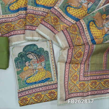 Olive green with golden tint tissue linen unstitched salwar material, sequins work on yoke,digital printed daman,panel design,(thin, lining needed) matching cotton bottom, digital printed tissue linen dupatta with lace tapping. FB262817