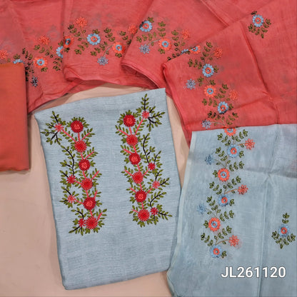 Powder blue fancy silk cotton unstitched salwar material, embroidery on yoke (Textured, Lining Needed) Peachish Pink silk cotton bottom, fancy organza dual shaded dupatta with embroidery. JL261120