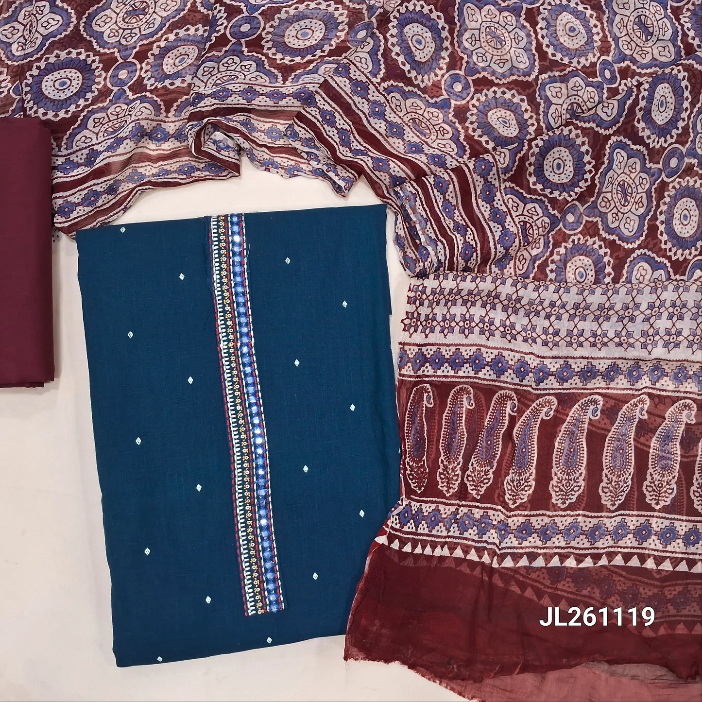 Dark Teal blue cotton unstitched salwar material, simple yoke, thread woven buttas all over, embroidery on daman, contrast maroon cottom bottom, digital printed chiffon dupatta (TAPINGS NEEDED). JL261119