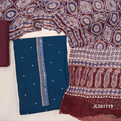 Dark Teal blue cotton unstitched salwar material, simple yoke, thread woven buttas all over, embroidery on daman, contrast maroon cottom bottom, digital printed chiffon dupatta (TAPINGS NEEDED). JL261119